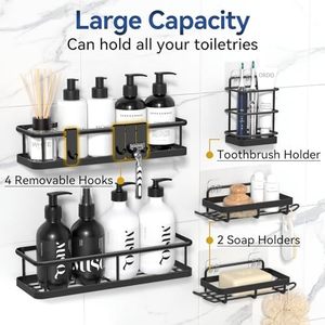 Ensemble de 5 paniers de <span class=keywords><strong>douche</strong></span> muraux noirs en acier inoxydable antirouille, écologiques, design flexible, sans perçage, adhésif de <span class=keywords><strong>rangement</strong></span> - Product Image 4