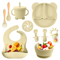Ensemble de vaisselle en silicone pour bébé, 10 pièces, assiette en forme d'ours, bavoir en silicone de qualité alimentaire, bol, cuillère, fourchette, tasse à bec, ensemble d'alimentation pour nourrissons