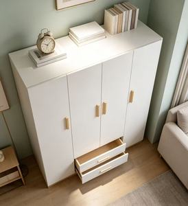 Armoire blanche minimaliste avec 2 tiroirs, portes à charnières, poignées en bois, meubles de chambre à coucher modernes, armoire de rangement autoportante - Product Image 2