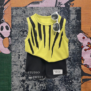 Nouvel ensemble décontracté d'été pour garçons YW, style coréen, imprimé dessin animé, veste à lettres tendance, gilet et <span class=keywords><strong>short</strong></span> - Product Image 3