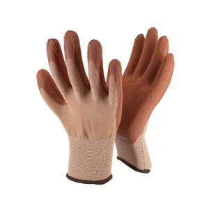 13G kahverengi Polyester kahverengi lateks kırışık kaplı bitirmek lateks çift kaplamalı iş eldiveni lateks erkekler