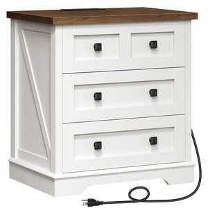 <span class=keywords><strong>Table</strong></span> de chevet de ferme blanche à 3 tiroirs, grande <span class=keywords><strong>table</strong></span> d'appoint avec station de charge, <span class=keywords><strong>table</strong></span> de chevet en bois avec dessus en noyer - Product Image 1