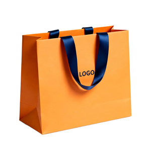 Bolsa de papel naranja para compras con asa de cinta azul marino, logotipo impreso en offset, embalaje de regalo de lujo para empresas, bolsas de papel reciclables - Product Image 1