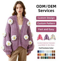 Cardigan en tricot épais pour femme, motif floral, manches lanternes, coupe ample, chaud et épais, tricot sur mesure, OEM ODM