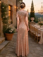 Robe de soirée champagne dorée à sequins, col en V, manches volantées, coupe trapèze, longueur ras du sol, pour mère de la mariée, vente en gros