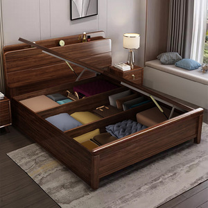 Solid Wood Storage <b>Bed</b> 1.8M Walnut Modern Minimalist Bedroom Furniture For Home Use - Product Image 1