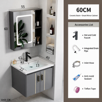 Meuble-lavabo mural moderne gris en PVC avec miroir LED intelligent et vasque en céramique – Plusieurs options de taille pour petites salles de bain