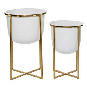 Macetas reales con revestimiento blanco con soporte dorado minimalista, maceta decorativa para el hogar, maceta de decoración Interior de lujo, maceta de suelo S/2 - Product Image 1