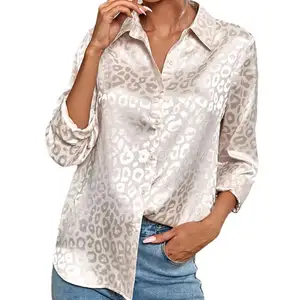 Women Spring Long Sleeve Shirts Leopard Print Jacquard Blouse Turn Down Collar Office Lady Europe Casual Loose Blouse Shirt
