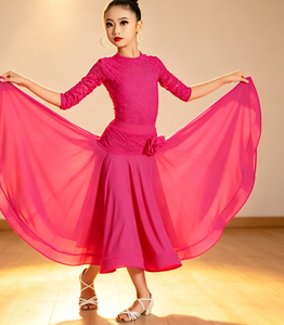 Conjunto de leotardo de encaje magenta <span class=keywords><strong>para</strong></span> baile latino con falda, de gran vuelo, de malla, <span class=keywords><strong>para</strong></span> <span class=keywords><strong>tango</strong></span>, samba, vals, vestido de escenario <span class=keywords><strong>para</strong></span> niñas - Product Image 3