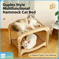 Lit hamac pour chat en rotin avec structure en bois, double couche, empilable, lit de repos pour chat, lit à gratter pour chats d'intérieur