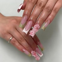 Uñas postizas francesas K023 con diseño 3D de flor de durazno, estilo bailarina larga, estilo occidental dulce, reutilizables, ABS premium, MOQ1, venta al por mayor, stock disponible.
