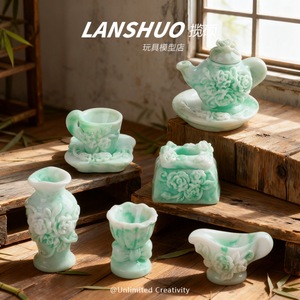 Resin Miniature Green <b>Tea</b> <b>Set</b> Floral Design Home Decoration Craft Kit - Product Image 5