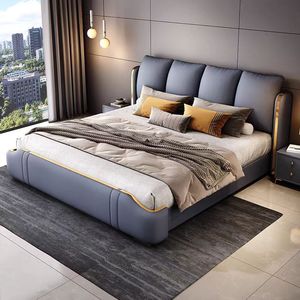 Nueva cama nórdica ligera de lujo, cama de cuero de vaca de gama alta para dormitorio, cama de almacenamiento King Size sencilla y barata para venta al por mayor - Product Image 4