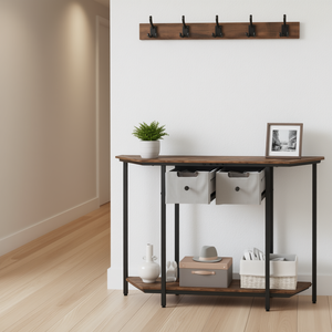Console industrielle avec 2 tiroirs en tissu et étagère ouverte pour entrée ou couloir, design moderne, plateau en bois, pieds en métal - Product Image 2
