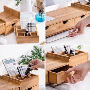 Office Organizer Solid Wood Desktop <b>Storage</b> <b>Rack</b> With Drawers For Computer Monitor Stand And Desk Organization - Product Image 1