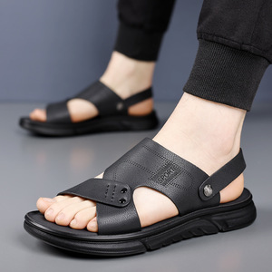 Sandales pour hommes en cuir véritable à brides croisées, à bout ouvert, respirantes, décontractées, pour l'été - Product Image 4