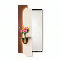 Art mural LED en grès, miroir coulissant caché pleine longueur, étagère à vase, design incurvé Japandi