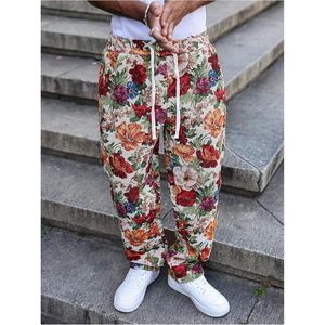 FOXA Men's Floral Embroidery Baggy Pants <b>Drawstring</b> Waist Casual Street <b>Trousers</b> With Pockets 100% Cotton Breathable - Product Image 4