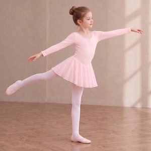 Justaucorps de ballet rose pour filles, robe de danse à manches longues, jupe en mousseline, coton et élasthanne, tenue de danse d'entraînement - Product Image 5