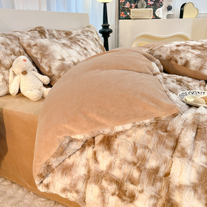 Ensemble de literie en velours de <span class=keywords><strong>lapin</strong></span> artificiel solide, velours de lait, 4 pièces, couleur à carreaux, housse de couette, taie d'oreiller, housse de couette, drap pour l'hiver - Product Image 3