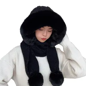 Adult Winter Warm Cotton All-in-One Hood with Oversized Furry Plush Hat Cute Fox Ears Scarf Designer Cold-Proof Ear Protection