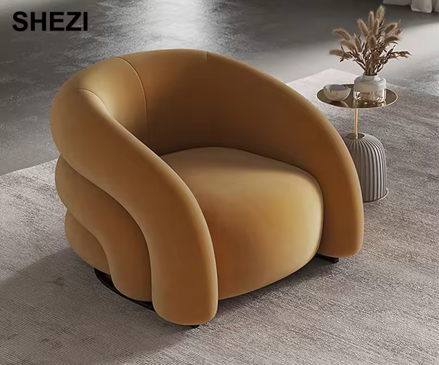 SHEZI Modern Creative Accent Chair Solid Oak Teak Velvet Metal Base Armchair for Home Dining Living Room Furniture Leisure Sofa