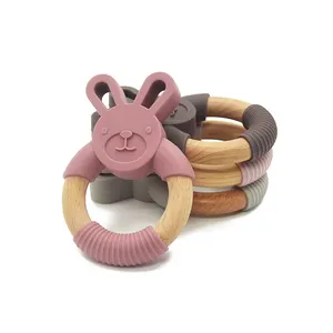 New Arrival Hot Selling 100% Food Grade Walrus Organic Silicone And Natural Beech Wooden Rabbit Shape Newborn Teething Ring