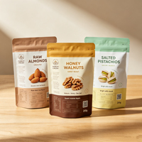 Sachet d'emballage personnalisé en papier kraft arc-en-ciel pour noix et snacks, sac à fond plat refermable avec fermeture éclair, finition mate en PE, pour amandes, noix et noisettes biologiques