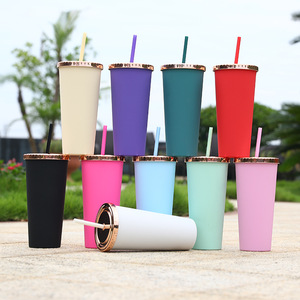 Biểu Tượng Tùy Chỉnh 24Oz Trống Matte Hai Lớp Nắp Phẳng Thể Thao Nhựa Uống Cốc Cốc Với Rơm - Product Image 2