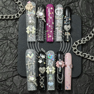 JOYPET Glamorous French Tips Precioso juego <span class=keywords><strong>de</strong></span> <span class=keywords><strong>uñas</strong></span> postizas Pintura a mano 10PCS Diseño único <span class=keywords><strong>Uñas</strong></span> 3D Encantos hechos a mano - Product Image 1