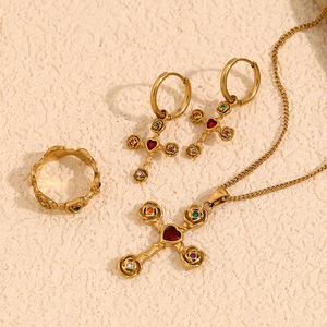 Vintage Color Crystal Cross Retro Rose Stainless Steel Jewelry Set 18K Gold Plated Matching <b>Necklace</b> Earrings <b>Ring</b> For Women - Product Image 6
