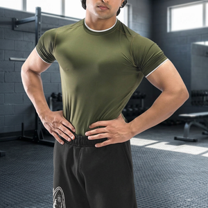 T-shirt de compression vert olive pour homme, manches courtes, séchage rapide, vêtements de sport, col rond, tricot uni, haut de sport - Product Image 6