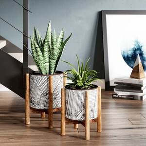 Maceta Moderna <span class=keywords><strong>de</strong></span> Cerámica Blanca para Decoración del Hogar FANGSHENG, Maceta Pequeña para <span class=keywords><strong>Cactus</strong></span> con Soporte <span class=keywords><strong>de</strong></span> Madera <span class=keywords><strong>de</strong></span> Bambú - Product Image 4