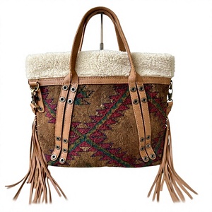 Boho Geometric Pattern Genuine Leather Handmade Ethnic <b>Handbag</b> Rustic Bohemian Embroidered Shoulder Tote Bag with Two <b>Handles</b> - Product Image 1