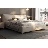 Lit double king size de luxe pour chambre à coucher avec rangement, revêtement en cuir véritable, design minimaliste, cadre en bois massif durable, panneau en contreplaqué