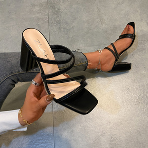 Factory Wholesale Summer New Square Head High-heeled Sandals Women Wear Thick <b>White</b> Slippers - Product Image 3