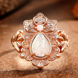 Anello da donna con fiore di iride e pietra iridescente, stile naturale, gioiello alla moda - Product Image 2