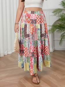 Factory Customization Women's Bohemian <strong>Patchwork</strong> Floral Tiered Maxi <strong>Skirt</strong> Elastic Waist Casual Boho Printed Long Ruffle <strong>Skirt</strong> - Product Image 3