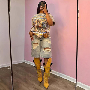 Shorts <span class=keywords><strong>de</strong></span> Pierna Recta y <span class=keywords><strong>Cintura</strong></span> <span class=keywords><strong>Alta</strong></span> para Mujer Estilo Americano <span class=keywords><strong>de</strong></span> Verano Ropa <span class=keywords><strong>de</strong></span> Calle <span class=keywords><strong>Vaqueros</strong></span> Rotos - Product Image 2
