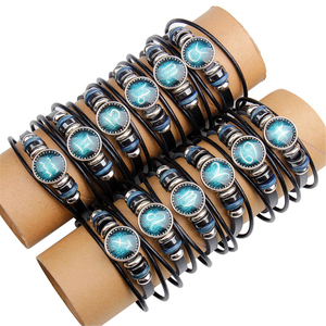 Bracelet d'<span class=keywords><strong>horoscope</strong></span> large noir de mode Vintage, signe <span class=keywords><strong>du</strong></span> zodiaque <span class=keywords><strong>pour</strong></span> hommes, Bracelets multicouches en cuir - Product Image 1