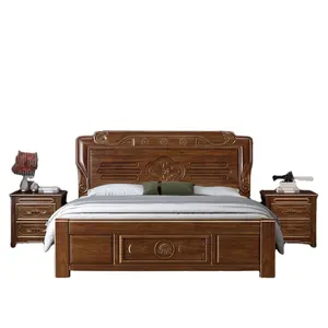 Lits en bois lit double moderne meubles de chambre stockage de luxe chinois lit en bois massif extra large