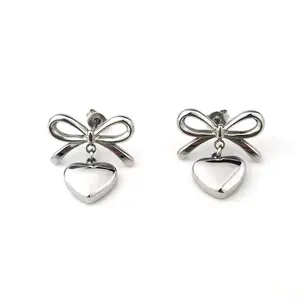 HP Stainless Steel Bow Tie Heart Love Hollow Drop Earrings Stylish Gold Ribbon Bow Earrings Non Tarnish