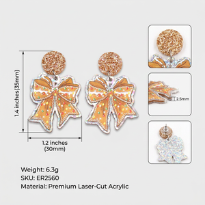 Boucles d'oreilles pendantes en acrylique découpé au laser, motif nœud de pain d'épices de Noël, avec paillettes dorées, bijoux festifs de vacances, vente en gros en vrac - Product Image 3
