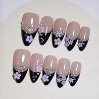 10 pièces/boîte Faux ongles en résine à coller, style français noir, petites fleurs, nude, forme amande moyenne, pour nail art