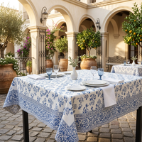 Nappe Moderne Bleue à Motifs Floraux Imprimés, 100% Coton, Faite à la Main, Lavable, Personnalisable, pour Table à Manger, Hôtel, Restaurant, Mariage, Fête
