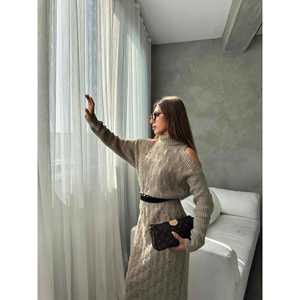 Robe pull en maille ceinturée pour femme, col roulé, épaules dénudées, beige, taille S - Product Image 2