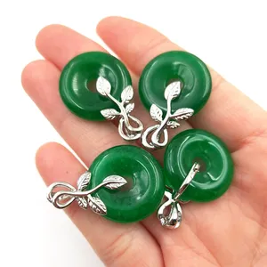 Abalorios de rosquilla de jade verde para mujer, cuentas redondas de cristal natural, colgante circular de hoja de plata para bricolaje, fabricación de joyería, collar, regalos, 2023