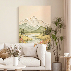 Peinture à l'huile abstraite contemporaine de paysage de prairie aux fleurs sauvages et sommets dorés, faite à la main, décoration de luxe pour galerie et maison - Product Image 2