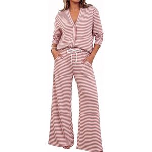 Ensemble de détente rayé personnalisé pour femme, col en V, boutonné, manches longues, pantalon large, tenue décontractée, longueur complète, vêtements de voyage - Product Image 1